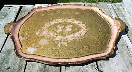 Italian Mid Century Hollywood Regency Florentine Pink Serving Tray gold gilt