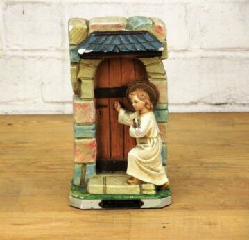 Nostalgic Statuette Plaster Infant Jesus knocking on Door Communion Lovely