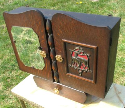 Vintage Wood Medicine Wall Cabinet Apothecary Beveled Glass mirror Deer Brass