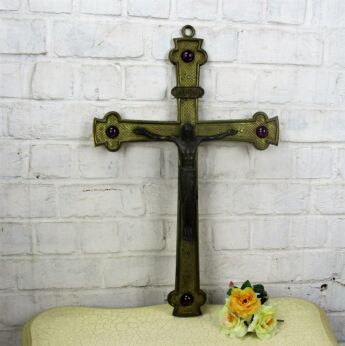 Large French Ornate Hanging Crucifix Cross Brass Christ Purple Beads 23.62"