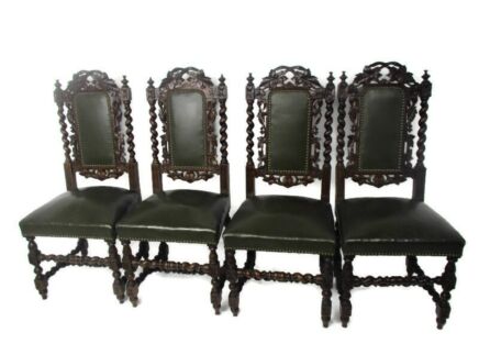 Set of 4 Antique Barley Twist Hand carved Ornate Wood Parlor Hunter Chairs WOW