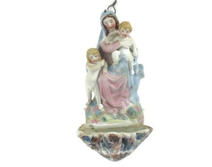 porcelain Bisque Holy Water Font Vessel Virgin Mary and Infant Jesus  John the Baptist Wall Hanging Vintage