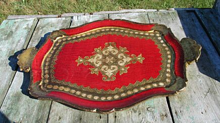 Italian Mid Century Hollywood Regency Florentine Serving Tray Large Red 19.29"