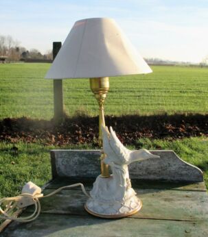 Porcelain Brass Desk Table Lamp Bird Italy Signed Villari Lovely