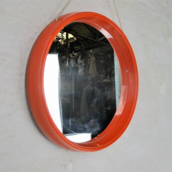 Small Vintage Round Orange Bathroom Mirror Seventies Retro HTF diam 11.73"