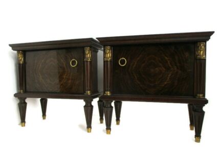 Pair Couple Vintage Night stands End tables Mid Century Modern Lackered Wood Brass Trim Faces