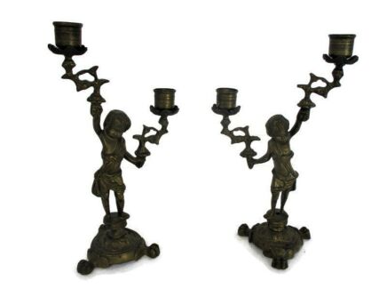 Couple Vintage Brass Ornate 2 Arm Double Candle Holder Candelabra Putti Eros Cherub Lion Feet Legs Beautiful
