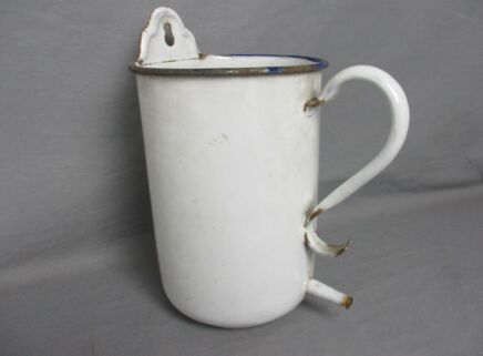 Antique   Jar Jug with spout Wall Hanging  Enamel Enameled Handle Barn Country house Authentic White