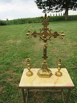 Large Antique Ornate Altar Crucifix Brass Christ Cross Candle Holder 25.39"