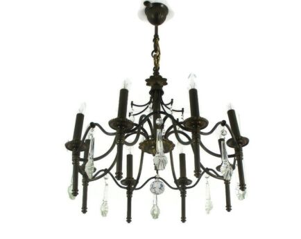 Chandelier 8 Lights Arms Hollywood Regency Spelter Chandelier Crystal Prisms