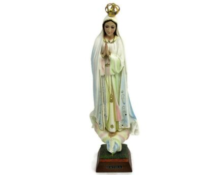 Vintage Our Lady Fatima resine Statue Glass Eyes Portugal Lovely Doves on Wooden base 18.3"