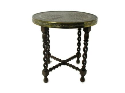 Open Barley Twist Wooden Side Wine Occasional Table Pedestal Plant Stand Faux Brass Top Ornate Edwardian Gorgeous