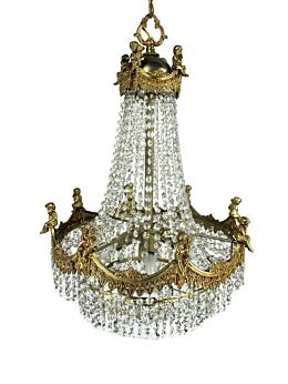 L Antique Chandelier Putti Angels Crystal Prisms Waterfall Bag & tent 5 Tier