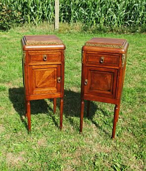 Antique couple Massive Oak Side Cabinets End Tables Nightstands Inlay Brass Trim