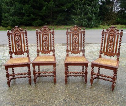4 Antique Ornate Barley Twist Hand carved Wood Parlour Chair rush Cane Seating