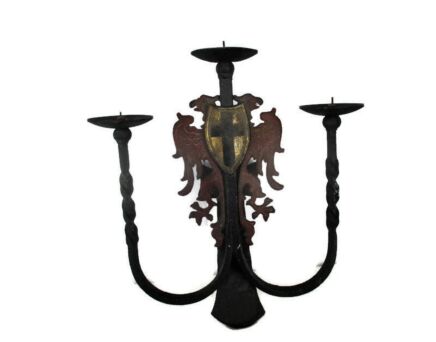 Wrought Iron Candle Holder Candelabra 3 arm Eagle Shield Rustic Antique