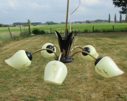 5 Arm Mid Century Chandelier Black Leaves Shades Gold Gild era stilnovo