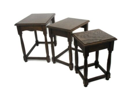 Set of 3 Wood Stacking Nesting Tables Vintage Mid Century French Oak