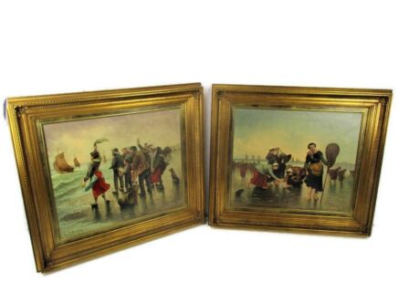 Pair Ornate Framed Wood Plaster Panels Fisher-women Goodbye Looking for Oysters