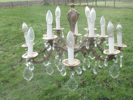 Antique French Empire Style Chandelier Lamp Chrystal Prisms Brass 8 arm 12 light