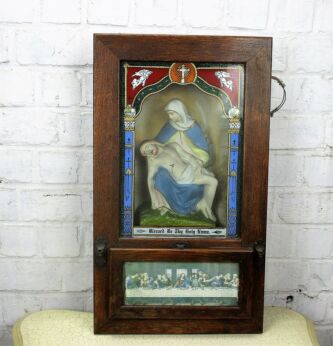 Antique Oak religious cabinet Removable Candle holders Pieta Last Supper