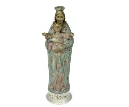Antique Porcelain Bisque Statue Virgin Mary Our Lady Madonna Infant Child Baby Blue