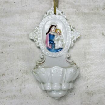 Antique French Holy Water Font Vessel Bisque Porcelain Virgin & Infant HTF