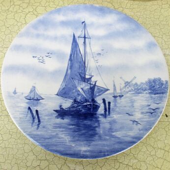 Large Delft Charger Plate Blue White Windmill Sailing Boat Ship Seaside Lovely