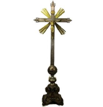 XXL French Standing Crucifix Church Altar Two Tone Brass Antique Crucifix 59"