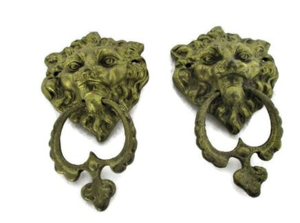 Pair Couple Vintage Small Brass Door Knockers Lions Head Architectural Reclaimed Door Handles Knobs 5.9"