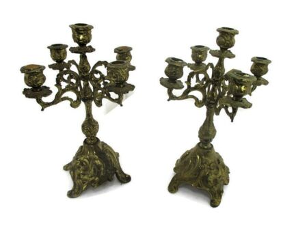 Couple Vintage Gorgeous Brass Ornate Embossed 5 arm Candle Holder Sticks Candelabras