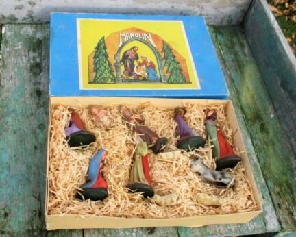 Vintage Marolin Paper Mache Nativity Christmas Scene Set Handmade Germany 