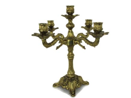 Vintage Gorgeous Brass Ornate Embossed Candle Holder Stick Candelabra 5 arm