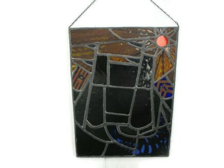 Antique Stained Leaded Glass Art Panel Window Large Castle Medieval