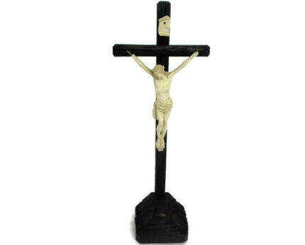 Antique Standing Table Altar Crucifix  Cross Jesus Christ Crucifixion Wood Plaster Corpus