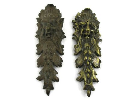 2 pcs Antique Cast Brass Gothic Heads Goats Furniture Trim Hardware Reclaimed