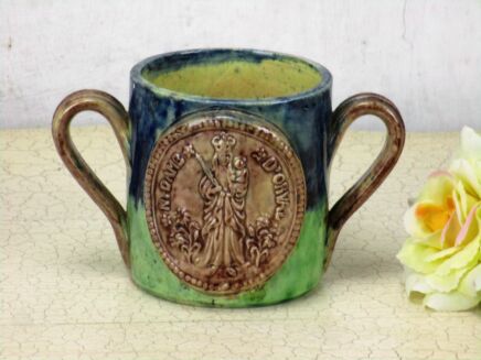 Our Lady Notre Dame D'Orval Bowl Cup Ceramic Majolica Brown Blue 2 Handles HTF