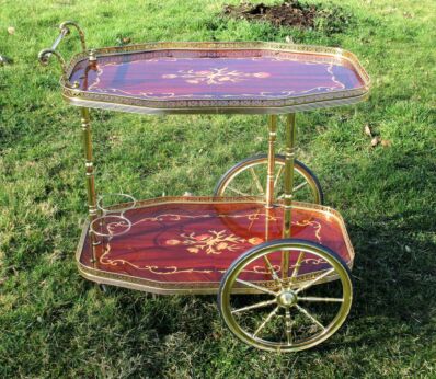 Bar Cocktail Tea Cart Trolley Italian Hollywood Regency Marquetry Vintage