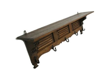 Large Art Nouveau Antique Ornate Hand Carved Wood Coat Kitchen hat Rack Oak