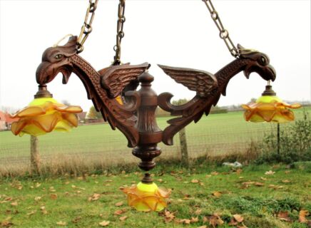 Gothic Hand Carved Wooden Mythical Chandelier Dragons Griffin Shades Flames WOW