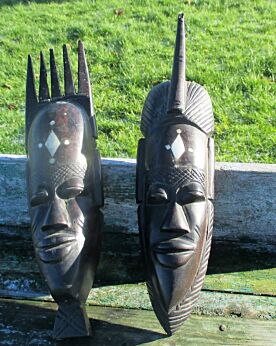 2 Vintage African Masks Hand Made Carved Dark Wood Authentic Tribal African Art