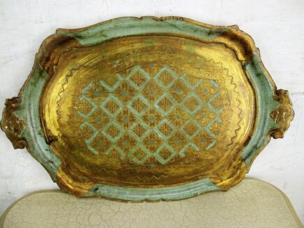 L Italian Mid Century Hollywood Regency Florentine Serving Tray Wood Green Blue