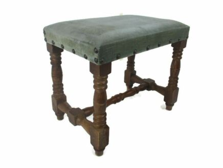 Vintage Footstool Ottoman  Wooden Legs Blue Fabric Hobnails Barn country style Funky