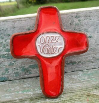 Small Mid Century Design Modernist Ceramic Crucifix Our Father Onze Vader Red