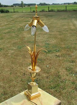 Hollywood Regency Brass Table Desk Lamp Tall Slim Leaves Pineapple 3 lights
