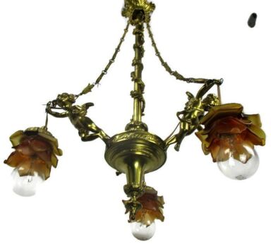 Antique Empire Chandelier Putti Cherubs Angels 3 arm Lights Amber Shades Lovely