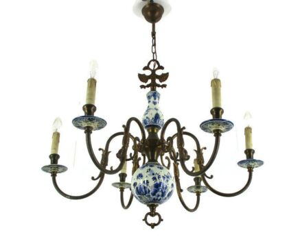Dutch Delft Blue White Porcelain Ornate Brass Chandelier 6 Arm Lights Farmhouse