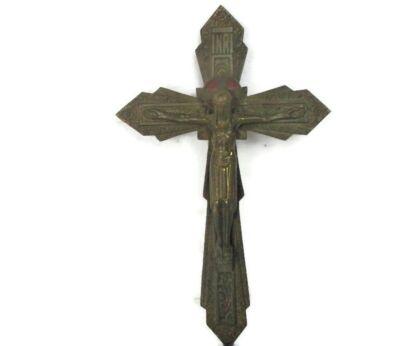 Lovely Vintage Ornate Brass Red Enamel Wall Hanging Crucifix 11.61"