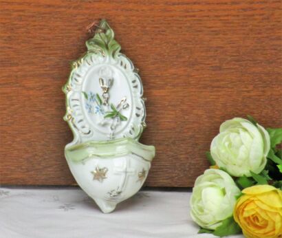 Antique Holy Water Font Chalice Crucifix Porcelain Wall Hanging Vessel