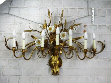 Exceptional Wall Sconce Hollywood Regency Gold Wheat Flowers Tole 7 Lights 39"W